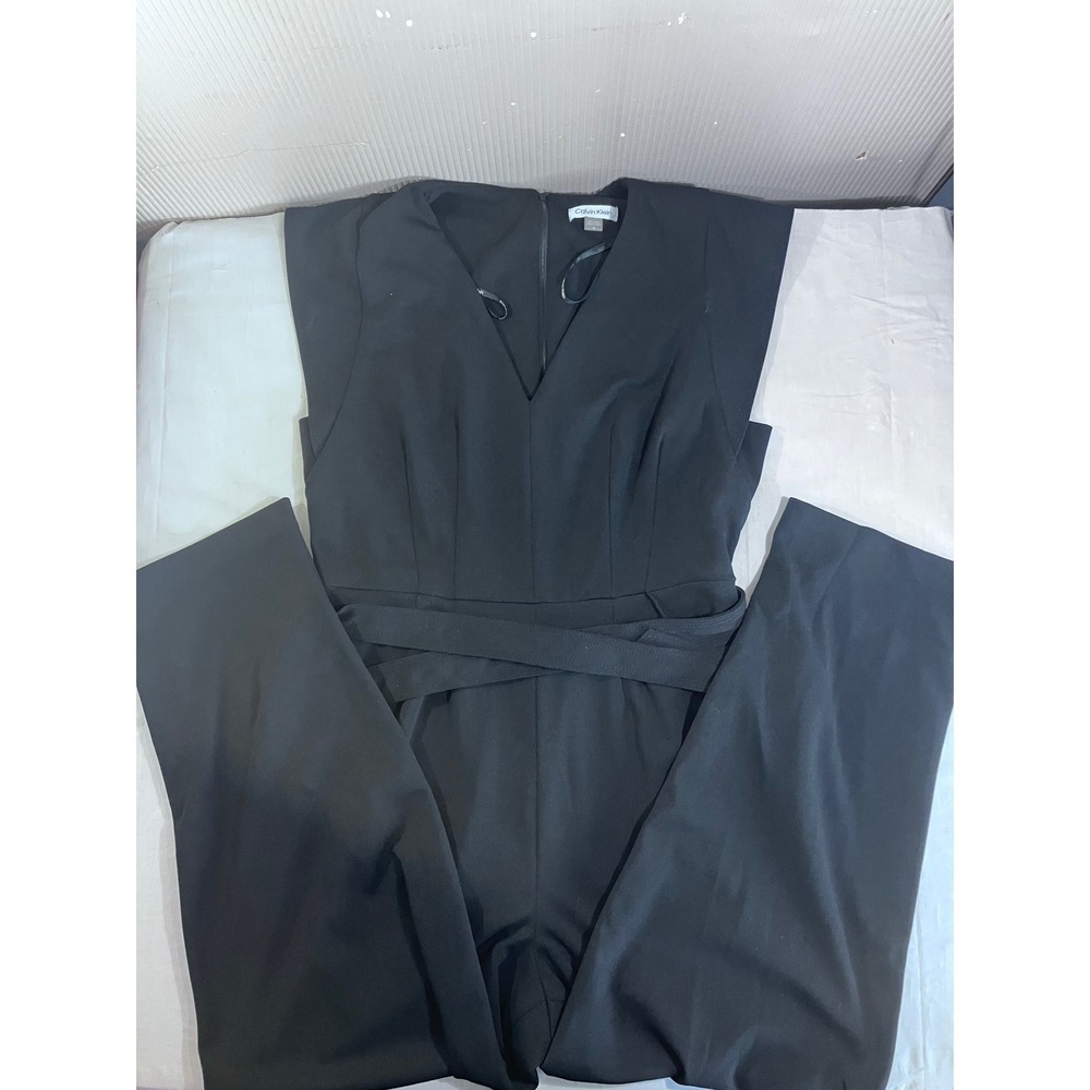 Calvin Klein Womens Black V-Neck Wide Leg Sleeveless Belted Jumpsuit‎ Size 12